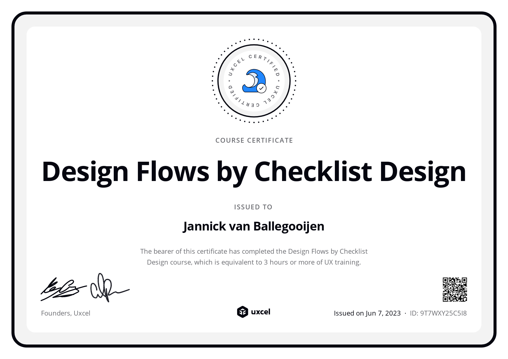 Jannick van Ballegooijen's certificate